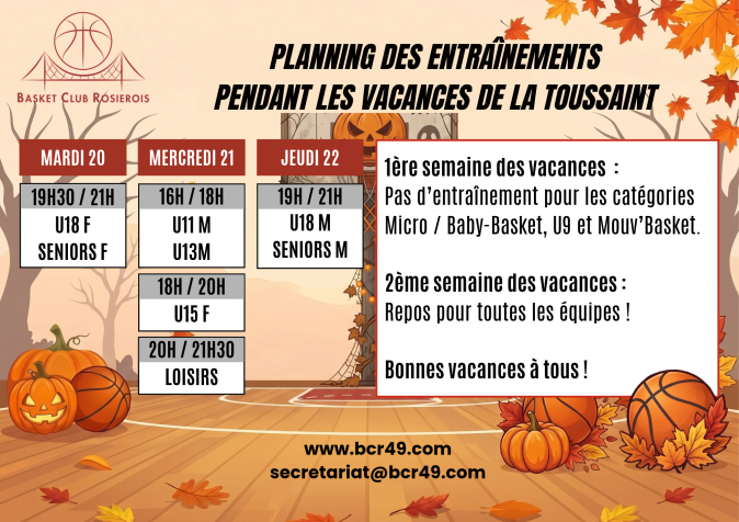 Vacances de la Toussaint : Planning des entraînements