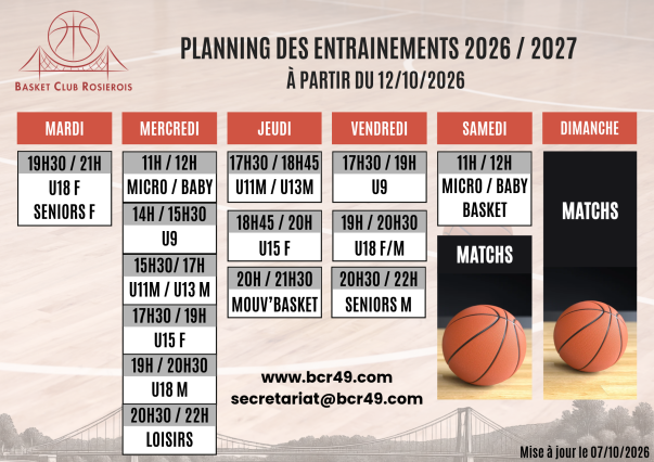 🏀 Nouveau planning des entraînements